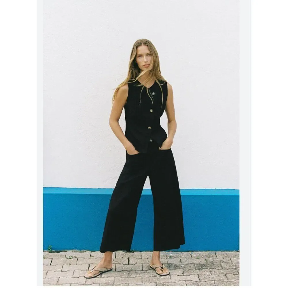 Zara Women Cropped Trouser Pants Large Black Wide Leg Viscose Linen 2845/722 NWT